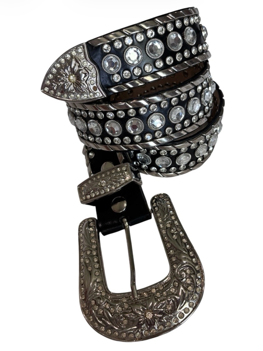 Unbranded Genuine Leather Western Rhinestone Studded Belt Black Silver Size 34 L